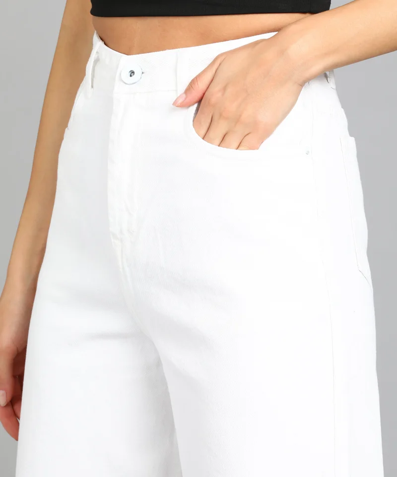 Urbano Fashion  Urbano Fashion Women's White Regular Fit Wide Leg Washed Jeans for Women | Best Price UAE